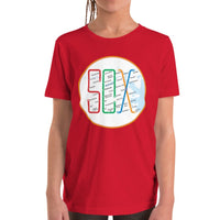 photo of child wearing Boston MBTA design as Red Sox stops using the word Sox, on red youth t-shirt