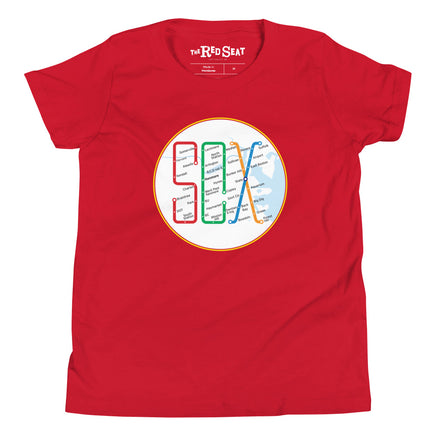 Boston MBTA design as Red Sox stops using the word Sox, on red youth t-shirt